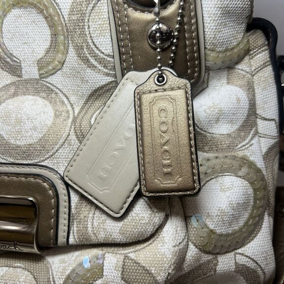 Coach 16777 Kristin Dome Sequined Canvas Khaki Beige  Vtg Coach 16777 Kristin Dome Sequined Canvas Khaki Beige Signature Handbag Purse